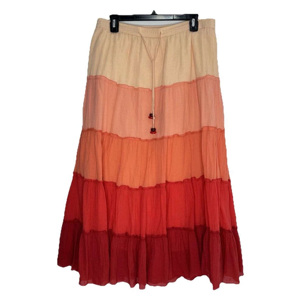 Old Navy Ombre Tiered Cotton Maxi Skirt S Boho Drawstring Festival Spanish Vivid